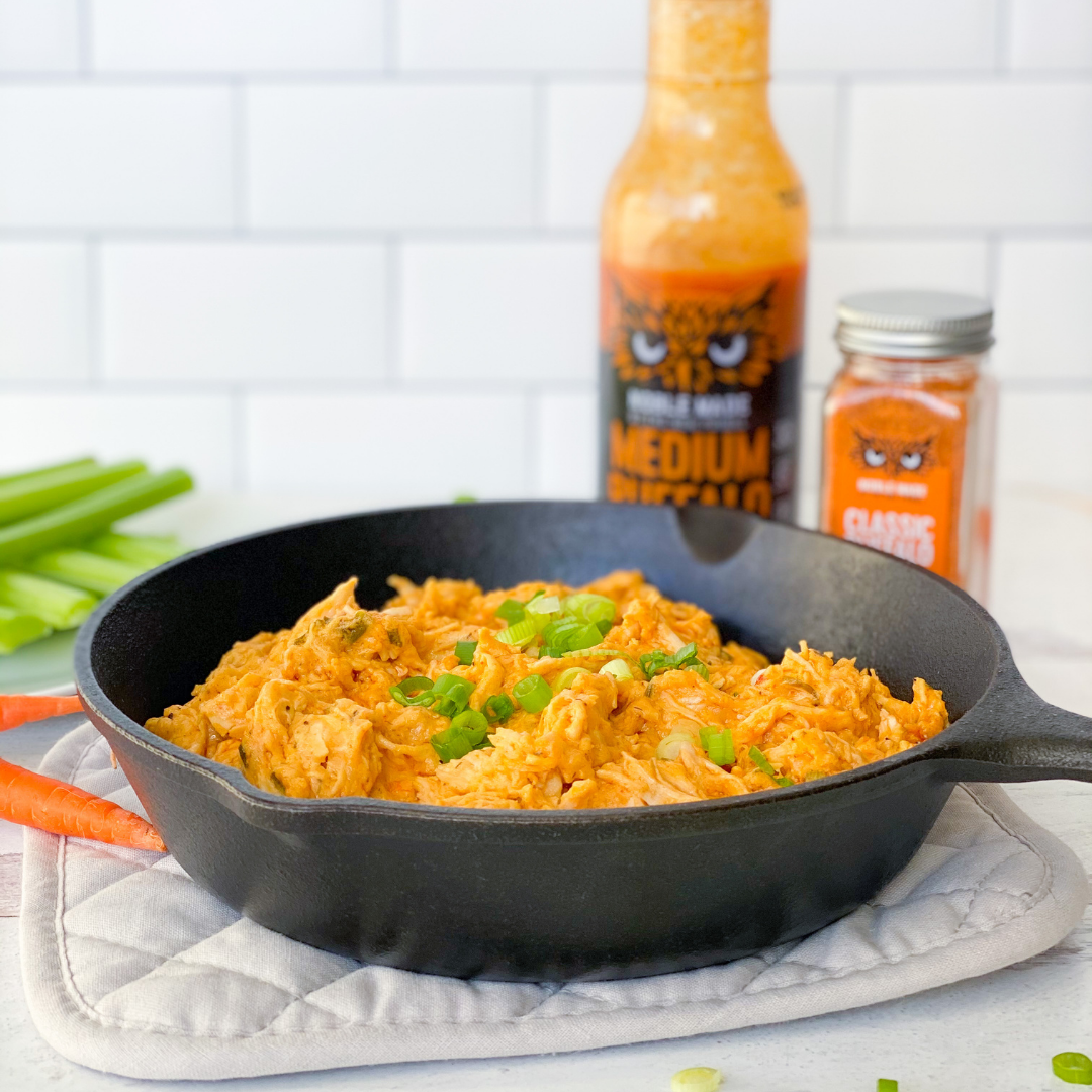dairy free buffalo chicken dip in a skillet