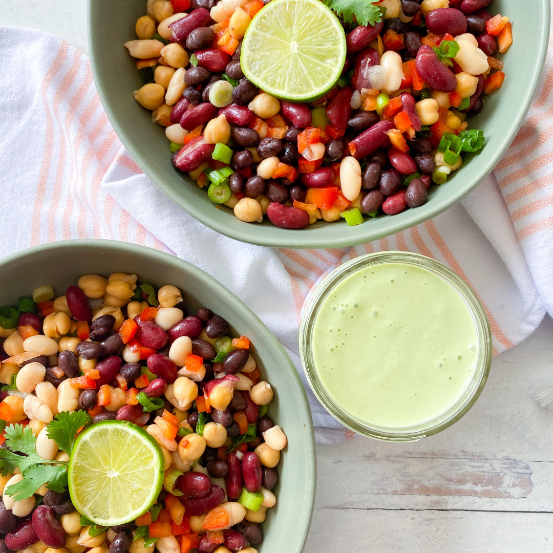 healthy four bean salad with creamy cilantro dressing