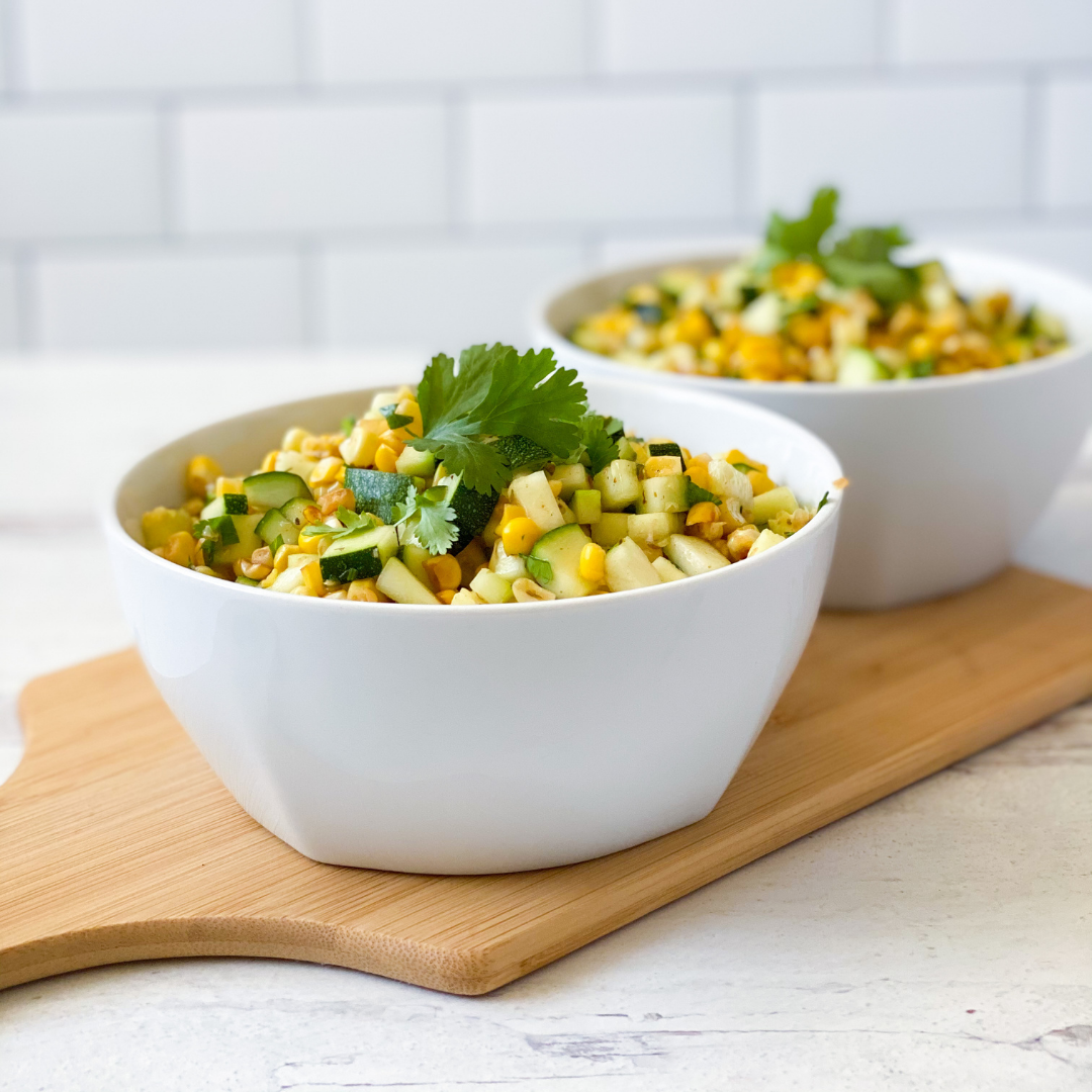 bowl of roasted corn & zucchini salad