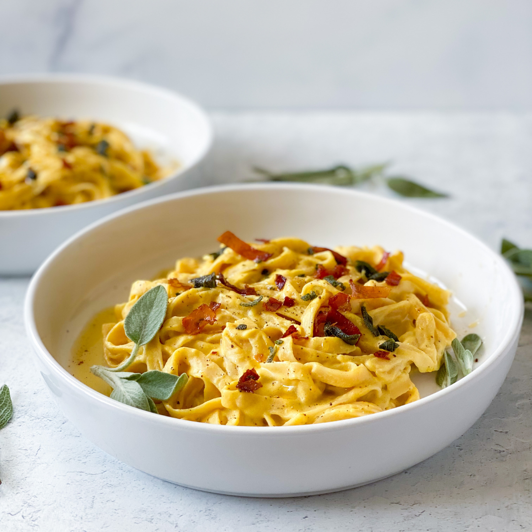 creamy pumpkin pasta sauce on fettuccine