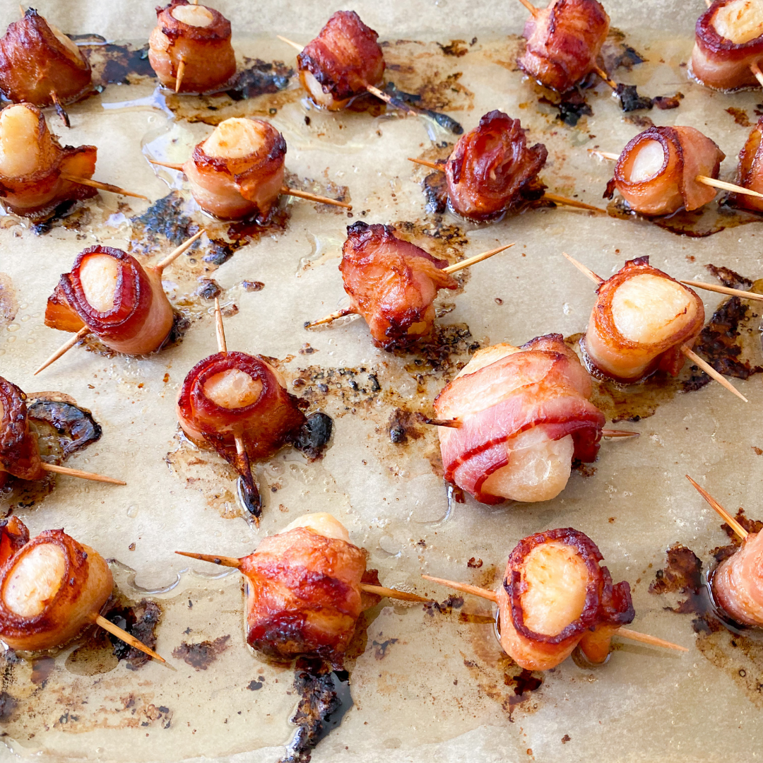 bacon wrapped water chestnuts appetizer with toothpicks